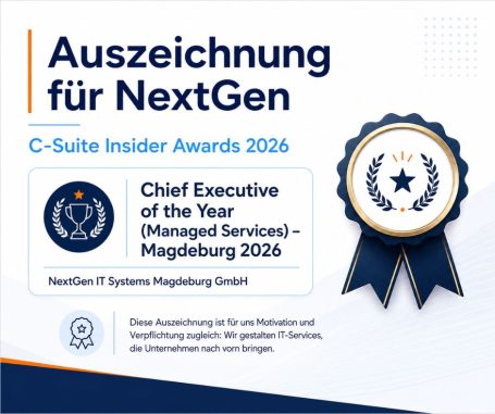 Grafik zur Auszeichnung der NextGen IT Systems Magdeburg GmbH bei den C-Suite Insider Awards 2026 als Chief Executive of the Year im Bereich
