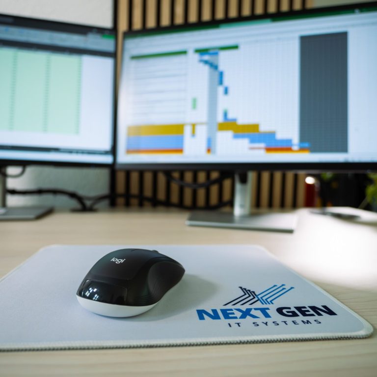 Schwarze Computermaus auf einem Mousepad mit dem Logo "NEXT GEN IT SYSTEMS" und zwei Bildschirmen.